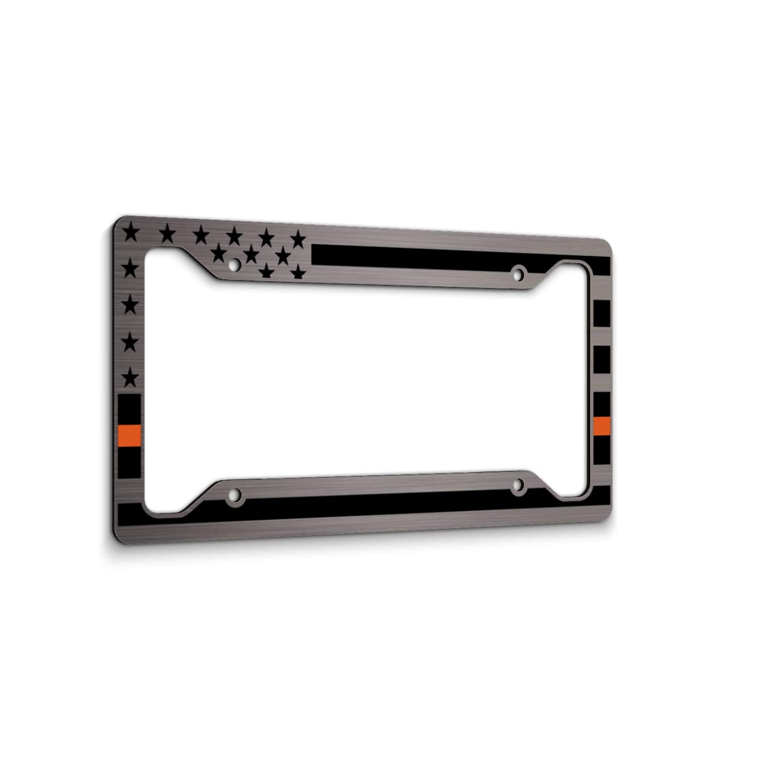 American Flag License Plate Frame - Thin Orange Line- Car Tag Frame -Orange On Brushed Search And Rescue Sar