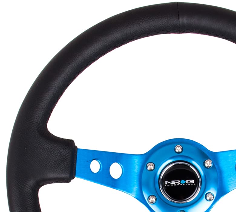NRG Innovations NRG-RST-006BL Reinforced Steering Wheel - 350mm Sport Steering Wheel (3&quot; Deep) - Blue Spoke w/Round holes/Black Leather