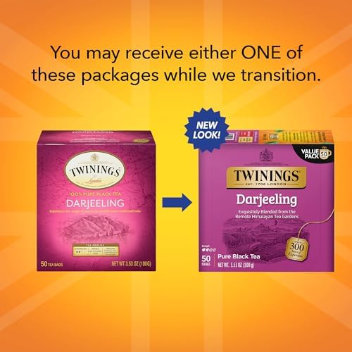 Twinings Darjeeling Black Tea, 50 Count (Pack Of 6), Individually Wrapped Bags, Delicate Light Taste, Caffeinated, Enjoy Hot Or