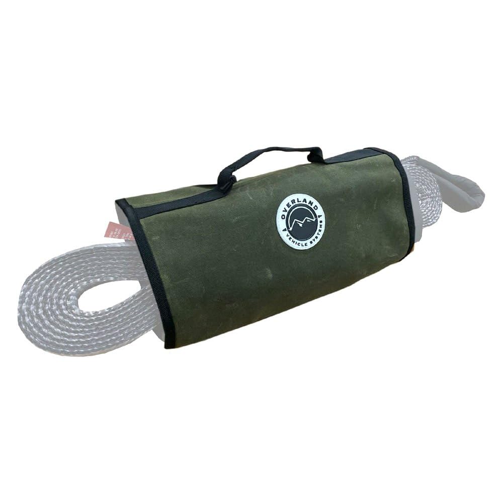 Overland Vehicle Systems Recovery Wrap Storage Bag - #16 Waxed Canvas - Infused With Paraffin Wax Waterproofing - 2 Storage Pouches For Shackles -1 Pouch For Snatch Block - 1 Buckle For Tow Straps