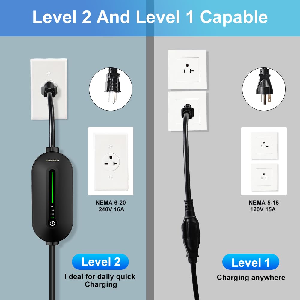 Level 1&2 EV Charger, Electric Vehicle Portable Charger, 8-16A Adjustable,with 25FT Cable, 110V-240V J1772 Electric Cars,NEMA 6-