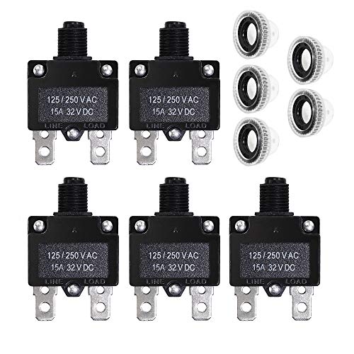 Fuzbaxy 5Pcs 15Amp Circuit Breakers With Push Button Reset 32Vdc,Ac125-250V With Quick Connect Terminals And Waterproof Button Cap