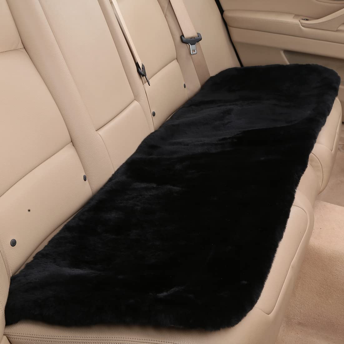 Ogland Fluffy Genuine Australia Sheepskin Car Seat Cover For Auto Interior Accessories With Soft Fuzzy Wool Eco-Friendly Natural Fur Non-Slip (Black, Back)
