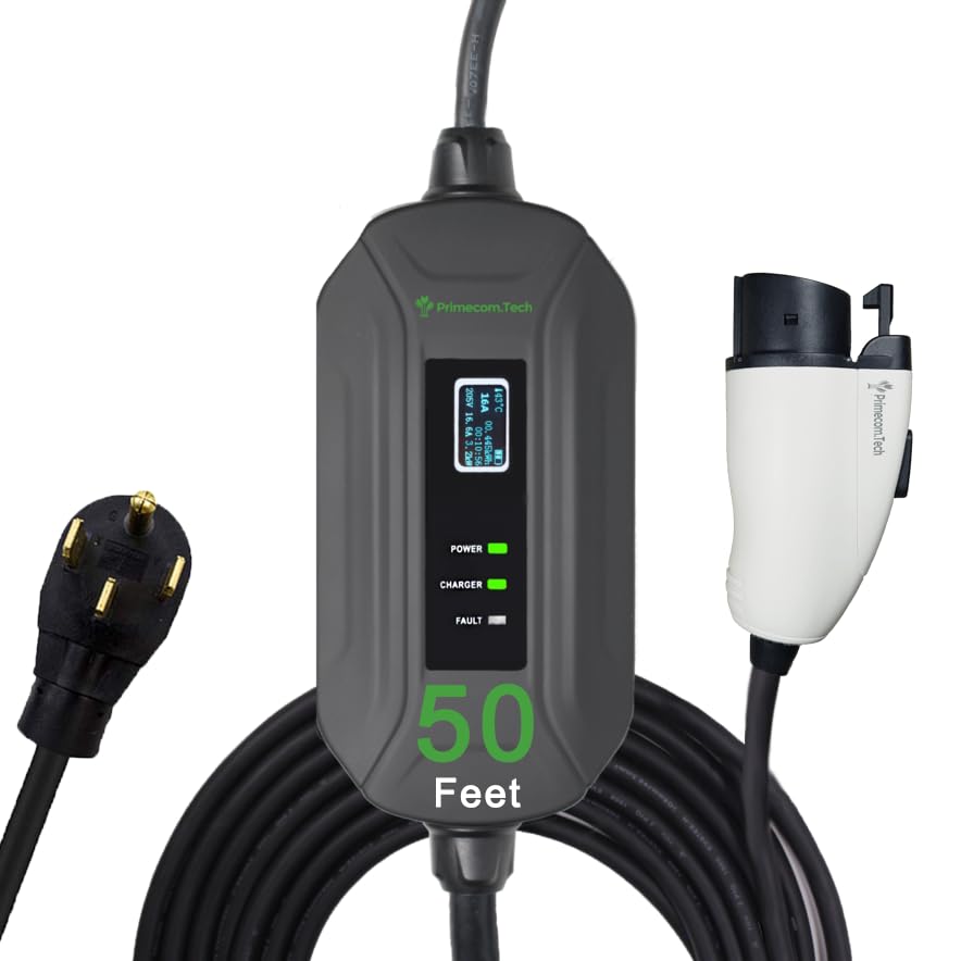 Primecom Level 2 Electric Vehicle (Ev) Charger (220V / 240Volt, 16Amp) Portable Evse Smart Electric Car Charger, 30', 40', And 50 Feet Lengths (Nema 14-50P, 50 Feet)
