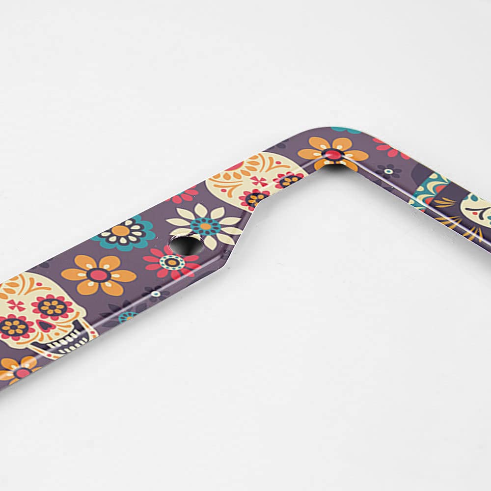 Beabes Sugar Skull And Flowers License Plate Frame Dead Skull Novelty License Plate Frame Gothic Pattern License Plate Car Tag H