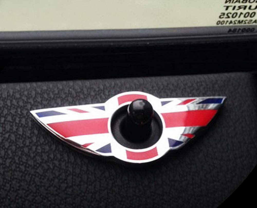 iJDMTOY (2) Union Jack Style Wing Emblem Rings Compatible with Mini Cooper R55 R56 R57 R58 R59 Door Lock Knobs, Red/Blue UK Flag Design (Does not fit R60 R61 nor F55 F56 Models)