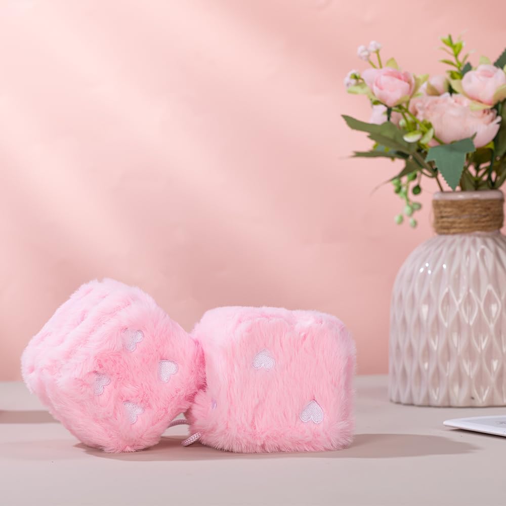 Heart Embroidered Baby Pink Fuzzy Plush Dice - 3-Inch Decorative Car Mirror Hanging Ornaments, Soft Foam, Easy Install, Great Gift Idea (Baby Pink)