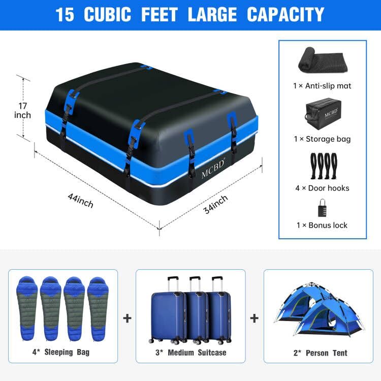 Rooftop Cargo Carrier Bag, 15 Cubic Feet Soft-Shell Waterproof Car Roof Luggage Bag For All Vehicles Suv With/Without Rails, Inc