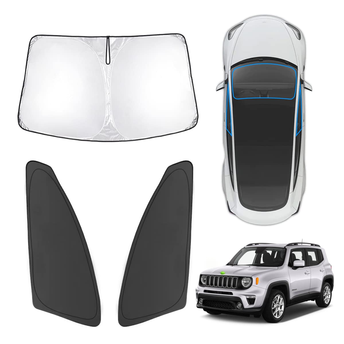 Karltys 3Pcs Front And Side Windshield Sun Shade For 2015-2024 2025 Jeep Renegade, Reflective Window Sunshade Custom Fit Renegad