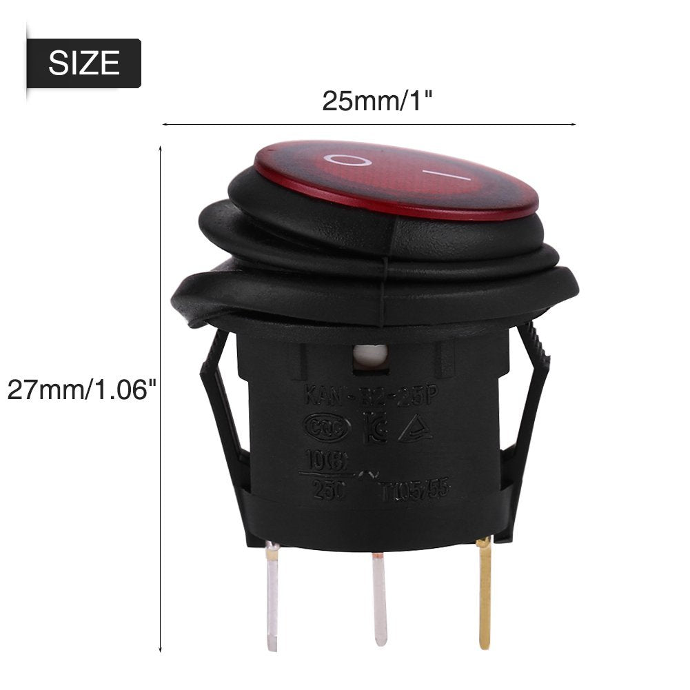 Keenso Rocker Switch 12/24V 3Pin Red LED Toggle Switch Waterproof Round Button Rocker Toggle Switch for Car Auto Boat Truck