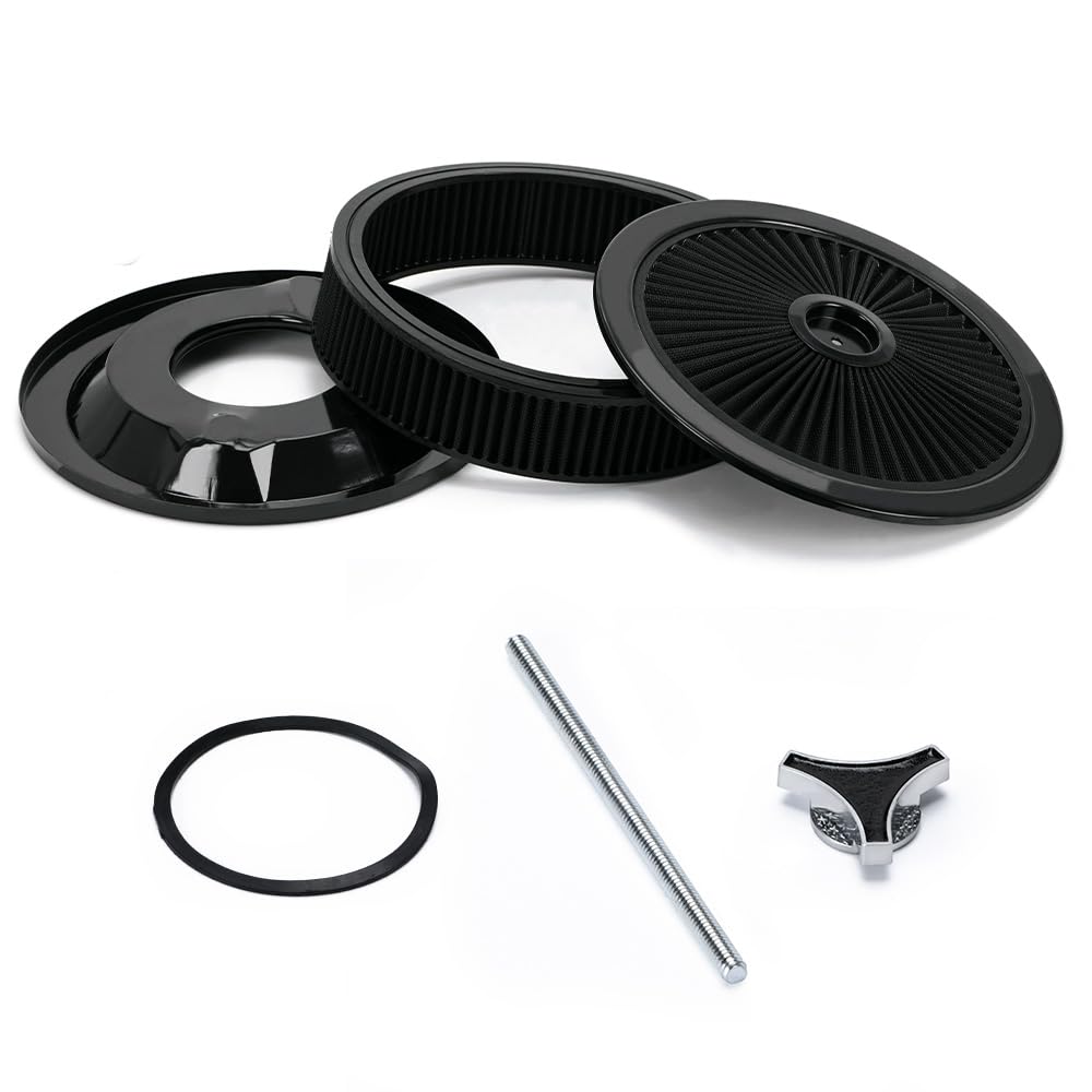 PTNHZ 14x3 Round Air Cleaner Filter Assembly w/Flow-Thru Lid Caburetor High Flow Compatible with Chevrolet GMC Ford Black