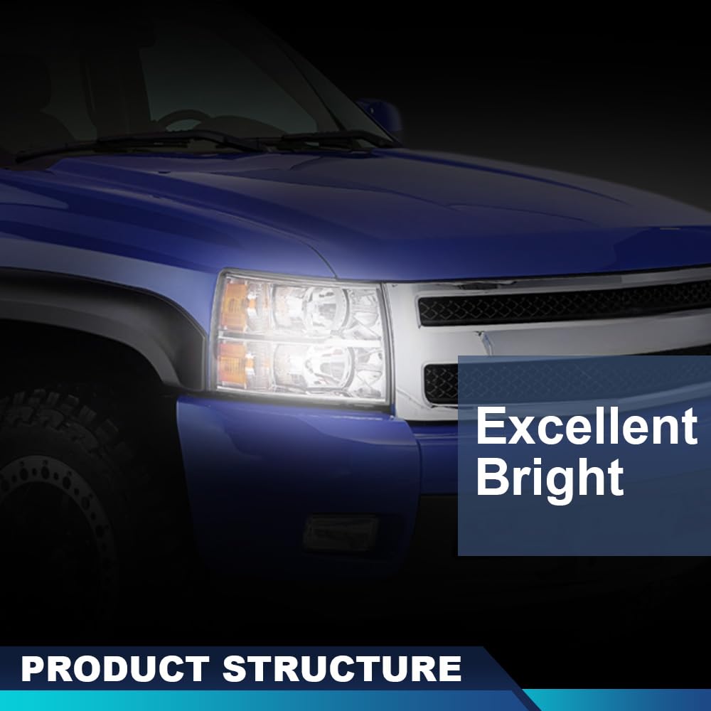 Pit66 Headlights Assembly Pair Compatible With Chevy Silverado 1500 2007-2013/Silverado 2500 3500 & Hd 2007-2014 Clear Lens Chro