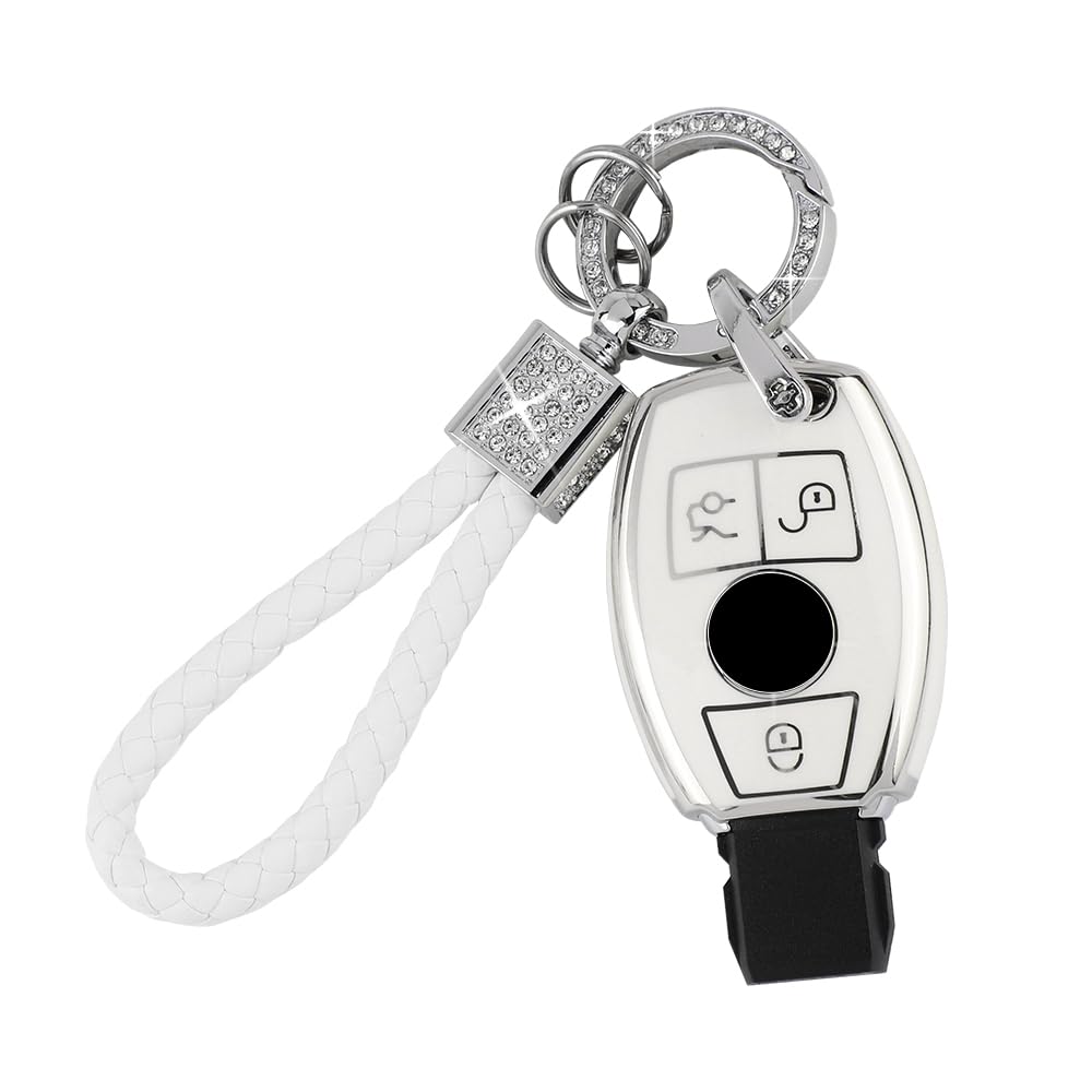 Pifoog For Mercedes Key Fob Cover 3 Buttons Soft Tpu Keys Protector Bling Keychain For Mercedes Benz C E M S Cls Cla Glk Gla Glc Gle Amg Class Girly Cute White Silver