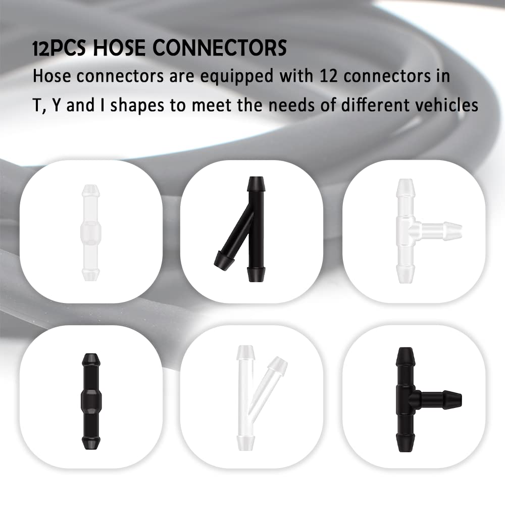 Windshield Washer Hose Repair Kit Include 4M/13Ft Automotive Replacement Windshield Washer Hoses+12 Pcs Hose Connectors,Compatible With Most Cars Suvs Trucks Washer Fluid Tank&Washer Nozzles