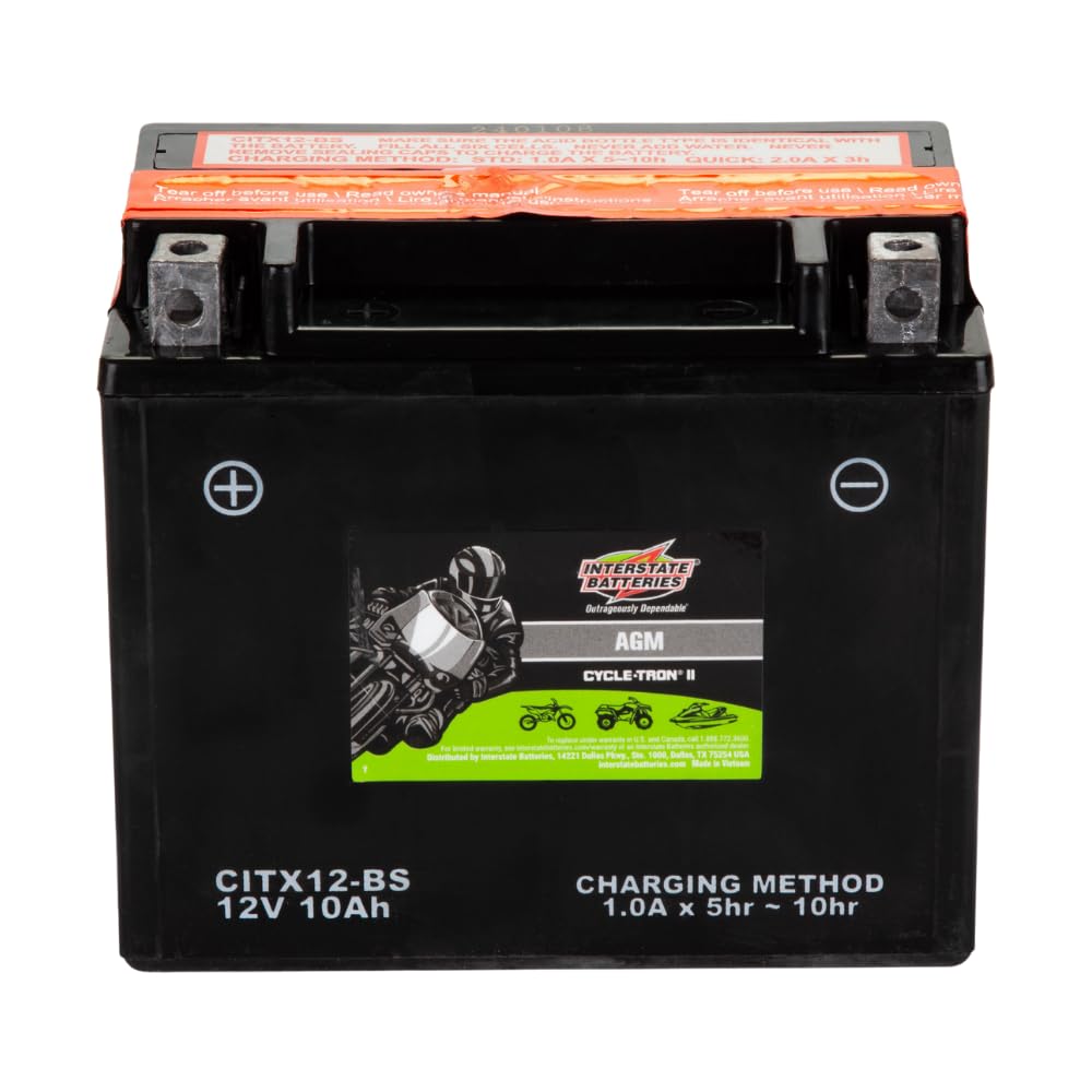 Interstate Batteries Ytx12-Bs 12V 10Ah Powersports Battery 175Cca Agm Rechargeable Replacement For Honda, Kawasaki, Suzuki Motor