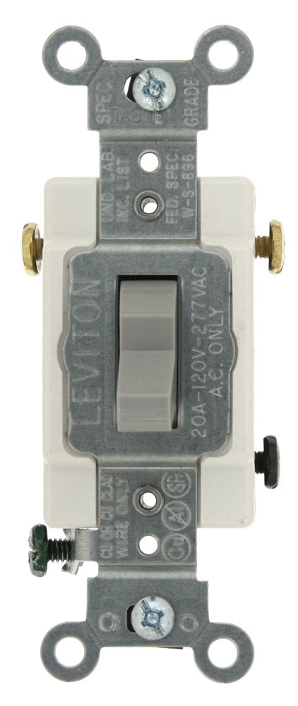 Leviton CS320-2GY 20-Amp, 120/277-Volt, Toggle 3-Way AC Quiet Switch, Commercial Grade, Grounding, Gray