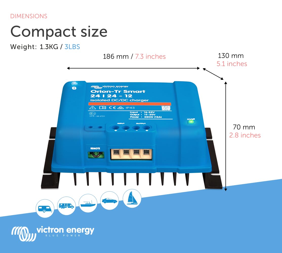 Victron Energy Orion-Tr Smart Dc To Dc Charger (Bluetooth) - 24/24-Volt 12 Amp 280-Watt - Battery Charger For Dual Battery Systems - Isolated