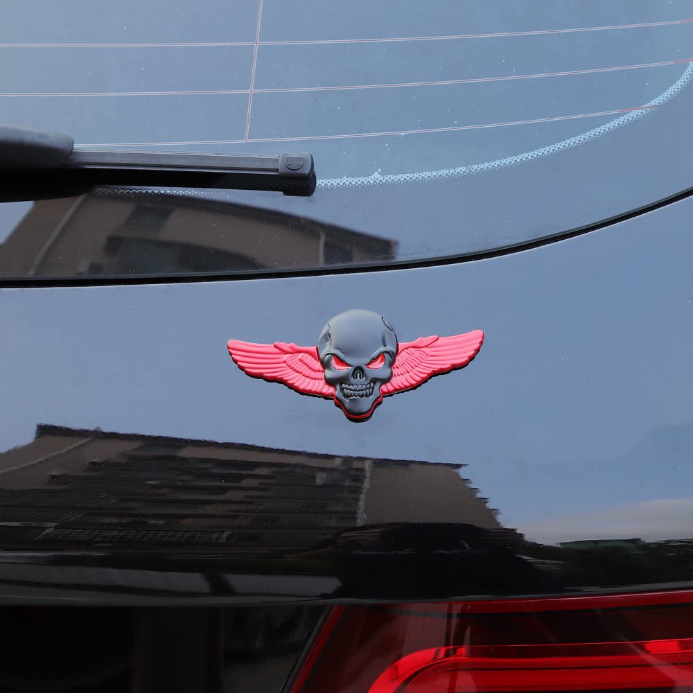 2X 3D Skeleton Skull Emblem Metal Badge Car Badge Sticker (Large-Black Red Eye)