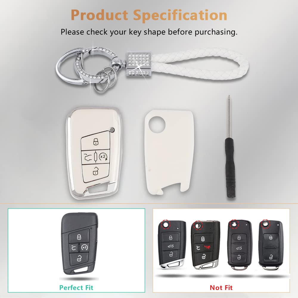 Pifoog Key Fob Cover For Vw Soft Tpu 4 Button Keys Case Shell Protector Glitter Keychain Car Accessories For Volkswagen Jetta Tiguan Atlas Arteon Taos Girly Cute White Gold