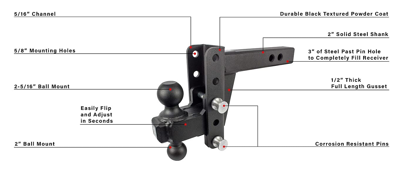 Bulletproof Hitches 2.0'' Adjustable Extreme Duty (30,000Lb Rating) 6'' Drop/Rise Trailer Hitch With 2'' And 2 5/16'' Dual Ball