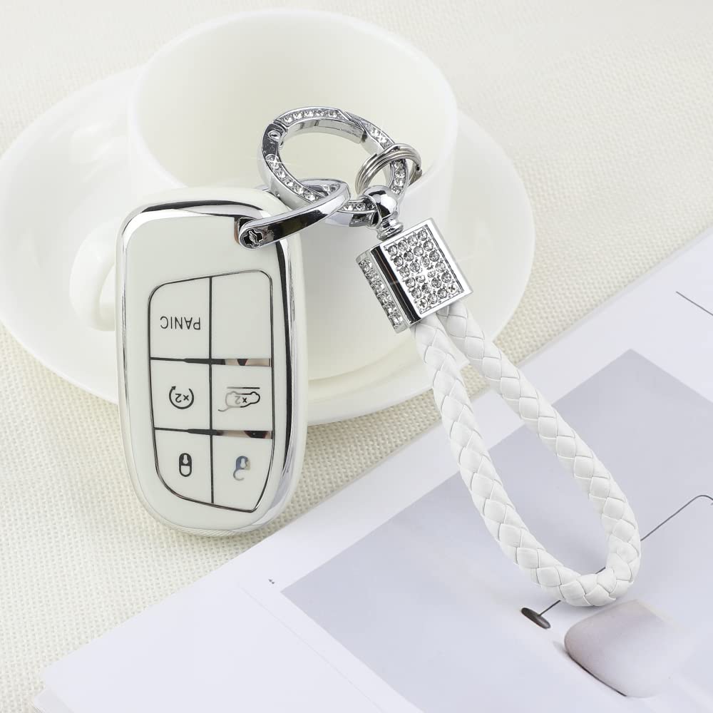 Pifoog White Key Fob Cover For Jeep Grand Cherokee Compass Renegade Accessories Tpu Soft Car Keys Case Shell Protector Bling Keychain 5 Buttons Girly Women Cute