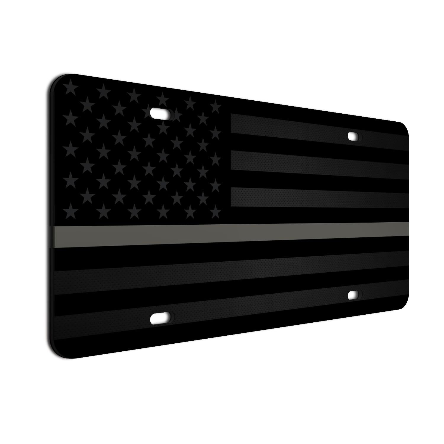 Thin Silver Gray Line American Flag License Plate Correctional Officers Matte Black On 1/8'' Black Aluminum Composite Heavy Duty