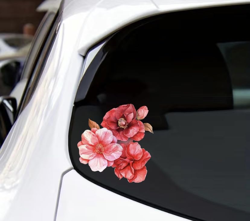 Watercolor Red Camelia Flower Decals For Cars, Floral Bumper Sticker, Vehicle Decor Sticker, Beautiful Camelia Flower Sticker Fo