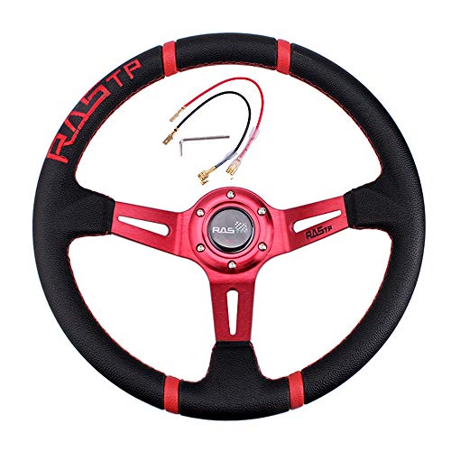 Rastp Universal Racing Steering Wheel,Deep Dish Steering Wheel Leather Embroidery 13.58”/345Mm 6 Bolts With Horn Button Include Cable, Wrench,Red