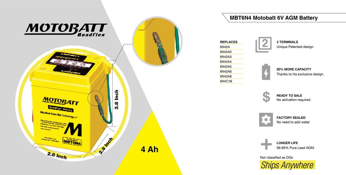 MotoBatt MBT6N4 (6V 4 Amp) Factory Activated Maintenance Free QuadFlex AGM Battery Replaces - 6N42A, 6N42A3, 6N42A4, 6N42A5, 6N42A6, 6N42A8