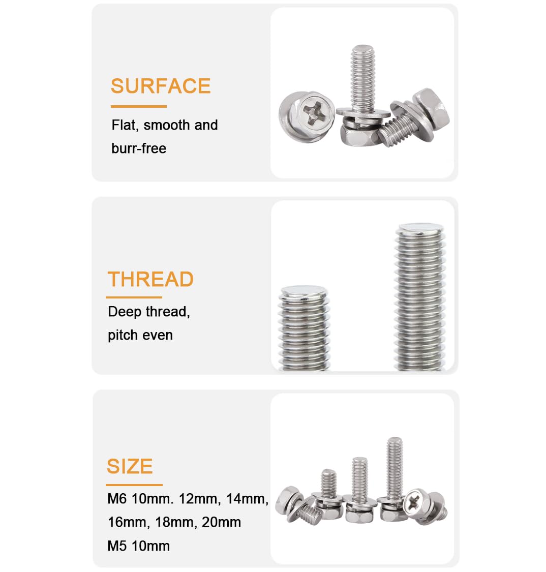 binifiMux M6 x 10mm Motorcycle Battery Terminal Bolt Nut Kit, Stainless Steel 304, Silver, Pack of 6, Model CF-874