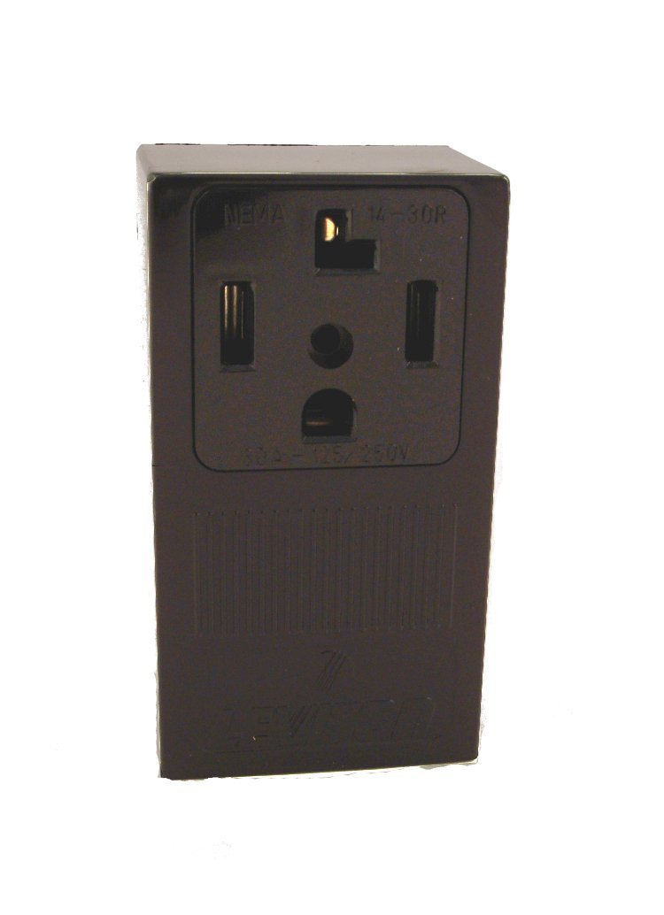 Leviton 55054 30 Amp, 125/250 Volt, NEMA 14-30R, 3P, 4W, Surface Mounting Receptacle, Straight Blade, Industrial Grade, Grounding, , Side Wired, Steel Strap, Black