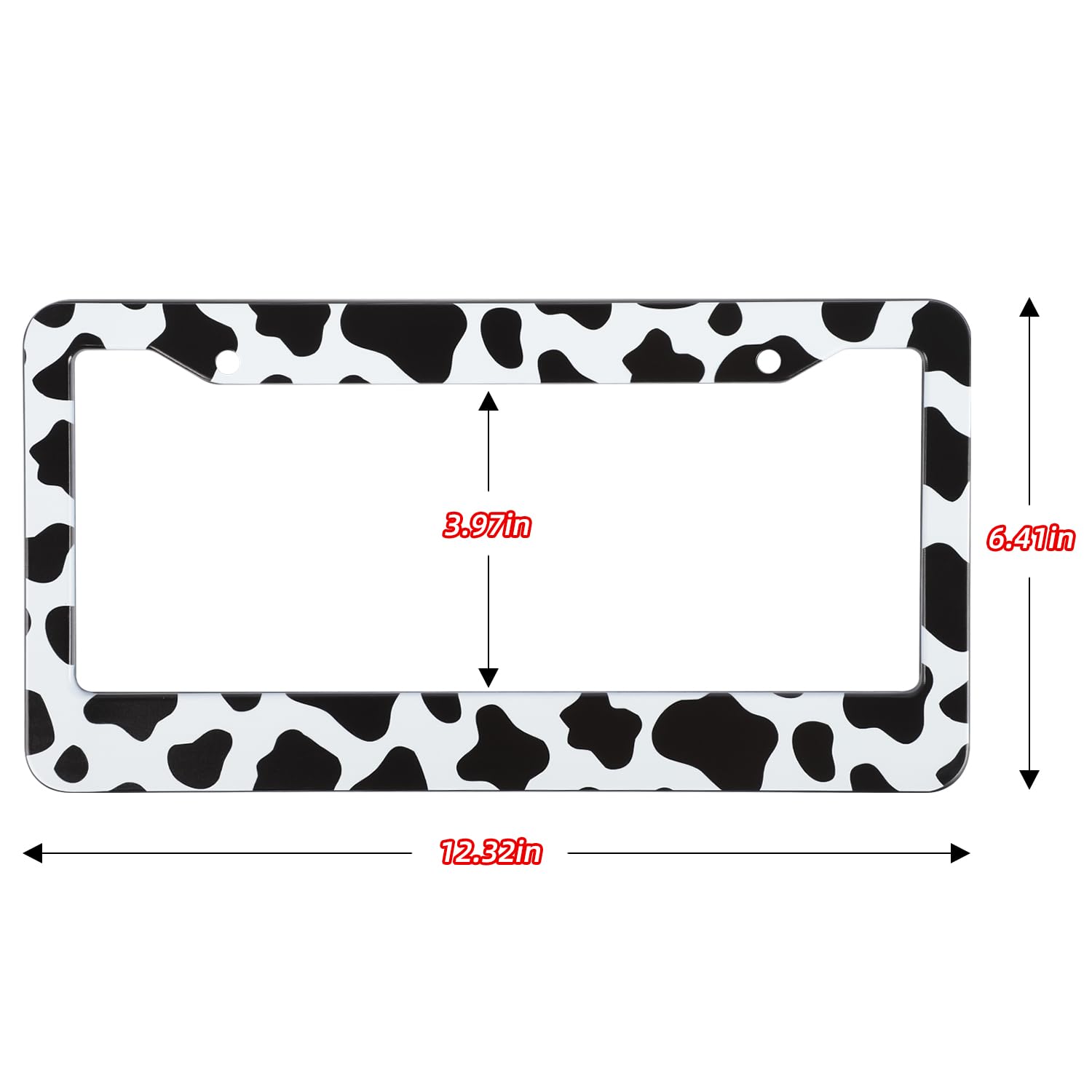 2 Pack Cow Print License Plate Frames- Cute Animal White Black Spot Cow Universal Auto Aluminum Car Tags Holder Cover with Screw