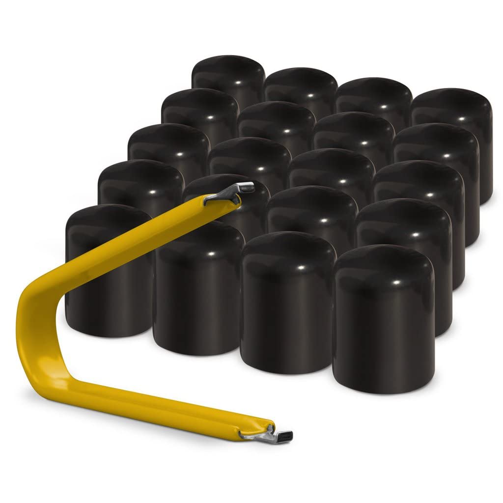 AutoMotivated Aftermarket ColorLugs Vinyl Lug Nut Covers, Black, 19 mm, Pack of 20 with Deluxe Extractor, Flexible Fit, Made in USA