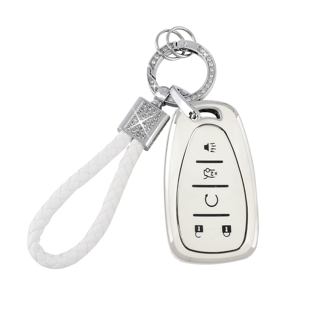 Pifoog Key Fob Cover For Chevy Keychain Bling White Silver Tpu 5 Button Car Keys Case Shell Protector For Chevrolet Equinox Trav