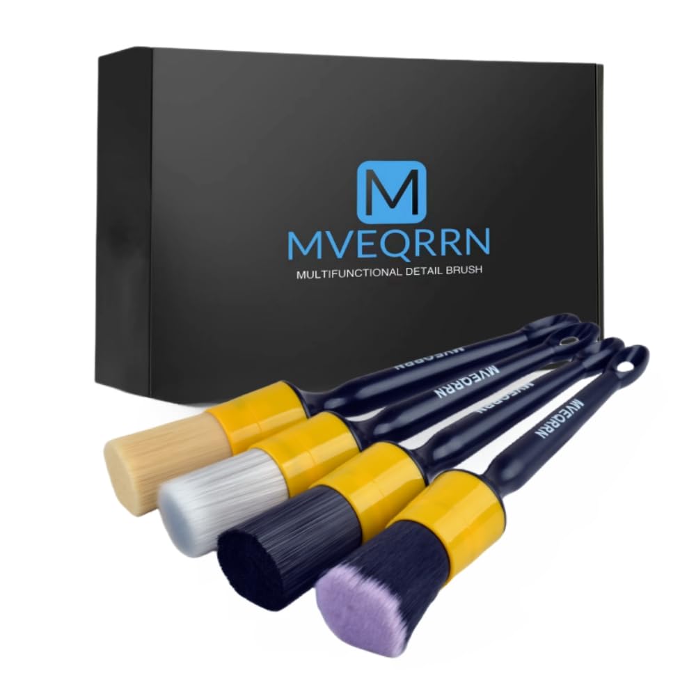 Mveqrrn 4Pcs Car Detailing Brush Set, Boars Hair, Ultra Soft, No Scratch, Interior & Exterior, Includes 4 Different Brushes, Erg