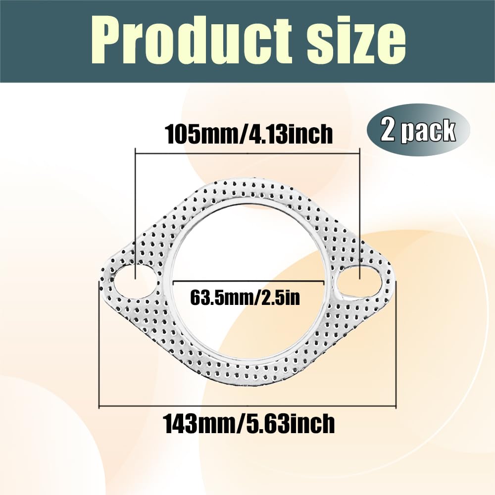 Kutyun 2PCS Car Exhaust Gasket, Exhaust Pipe Gasket, 2-Bolt 2.5'' Standard Exhaust Manifold Gasket, Ultra Seal Exhaust Flange Ga