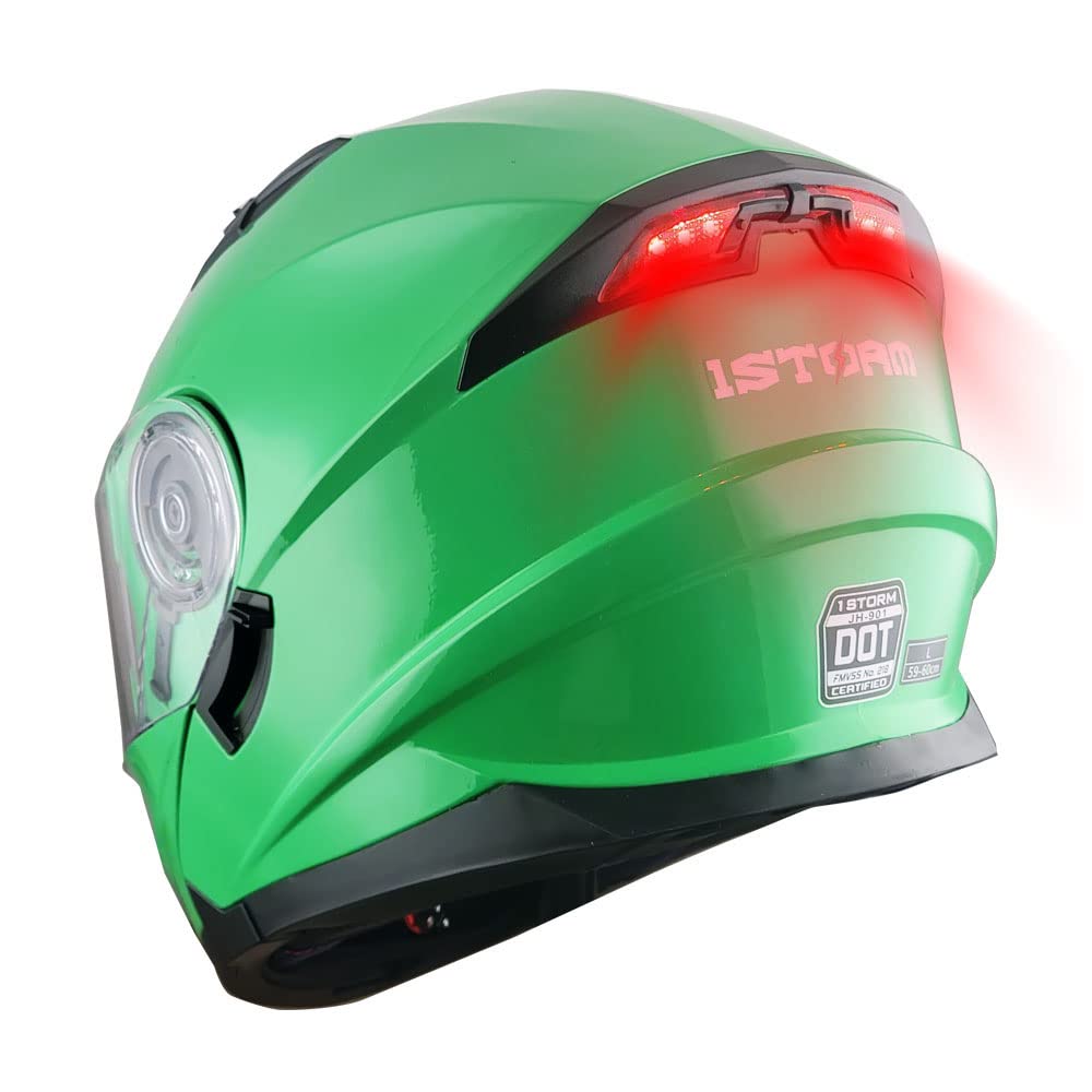 1Storm New Motorcycle Bike Modular Full Face Helmet Dual Visor Sun Shield With With Rechargeable Led Tail Light: Glossy Green