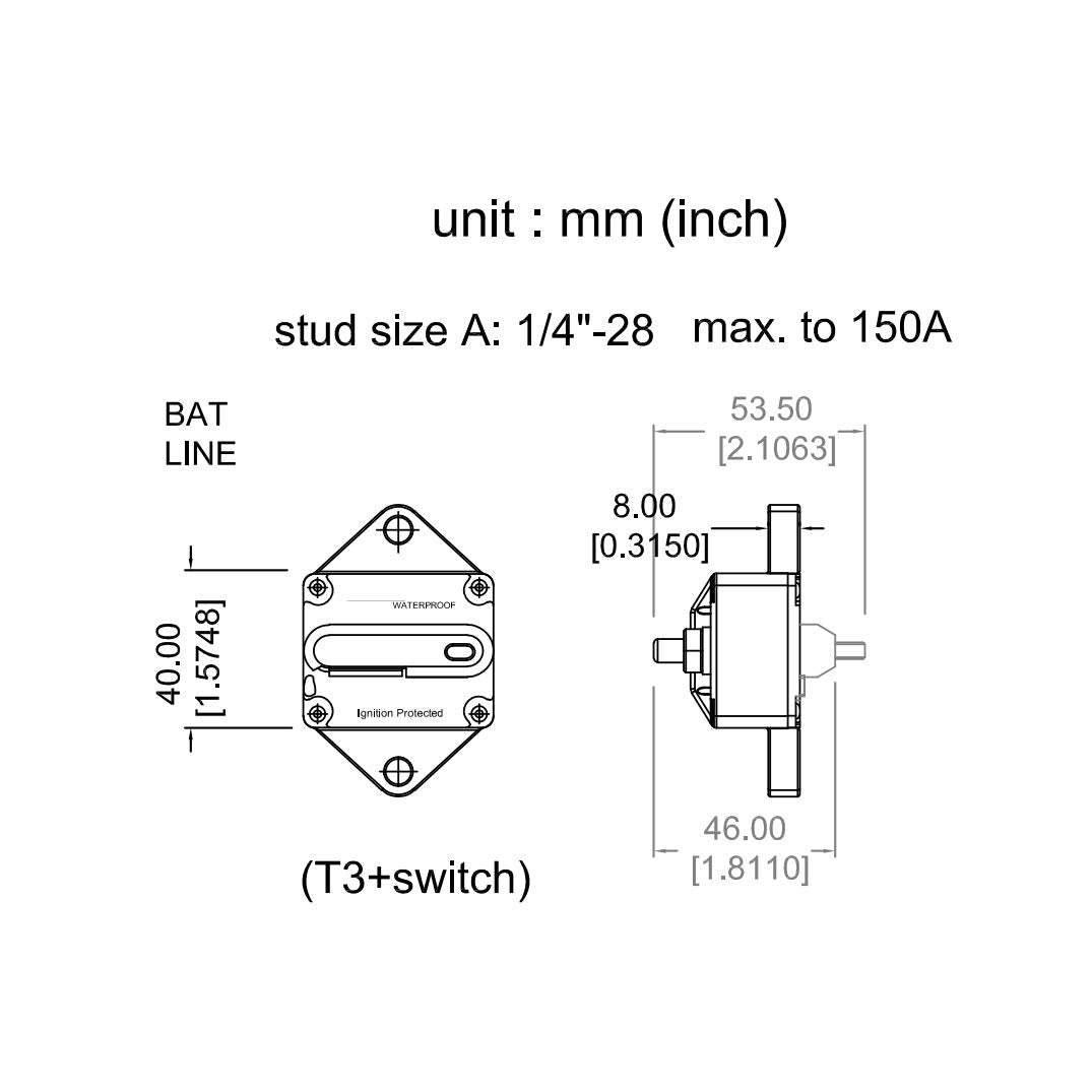 T Tocas Hi-Amp Type Iii 50A Circuit Breaker With Manual Reset Panel Mount, 12V- 48Vdc, Switchable Waterproof