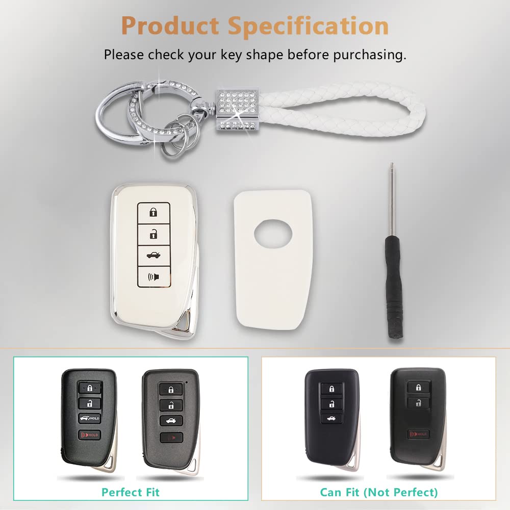 Pifoog White Key Fob Cover For Lexus Rx Nx Is Es Gs Ls Rc 4 -Button Smart Keys Case Protector Soft Tpu Glittering Keychain Lanyard Car Accessories Girly Cute