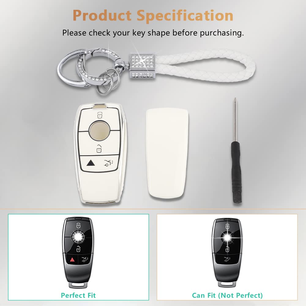 Pifoog White Key Fob Cover For Mercedes Benz Glc Gle Gla Glb Gls A C E G S Amg Class Accessories Soft Tpu Car Smart Keys Case Bling Keychain Full Protection Girly Women