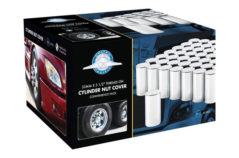 United Pacific 10013Cb - Wheel Lug Nut Cover Set - 33Mm X 3-1/2&quot; Chrome Plastic Cylinder Nut Cover - Thread-On (60 Pack