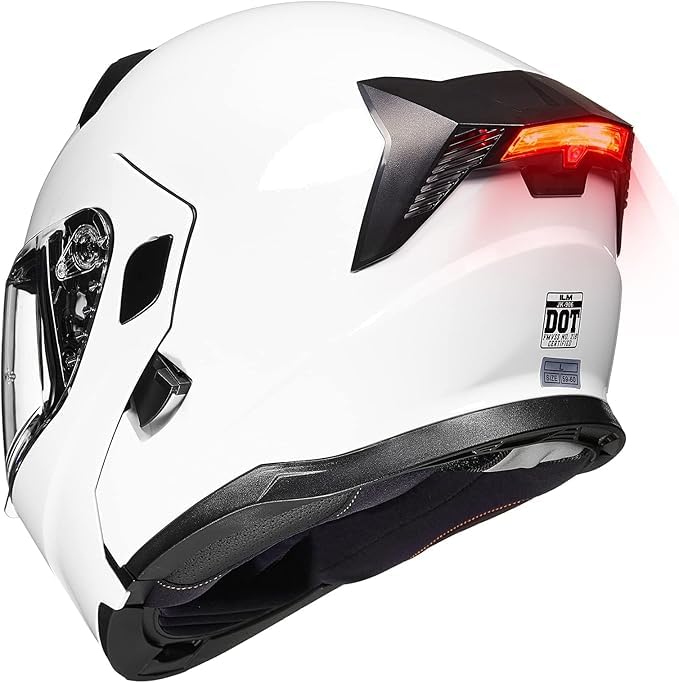 ILM Motorcycle Dual Visor Modular Flip up Full Face Helmet with LED Tail Light and Sun Visor DOT Model 906L(White,Medium)