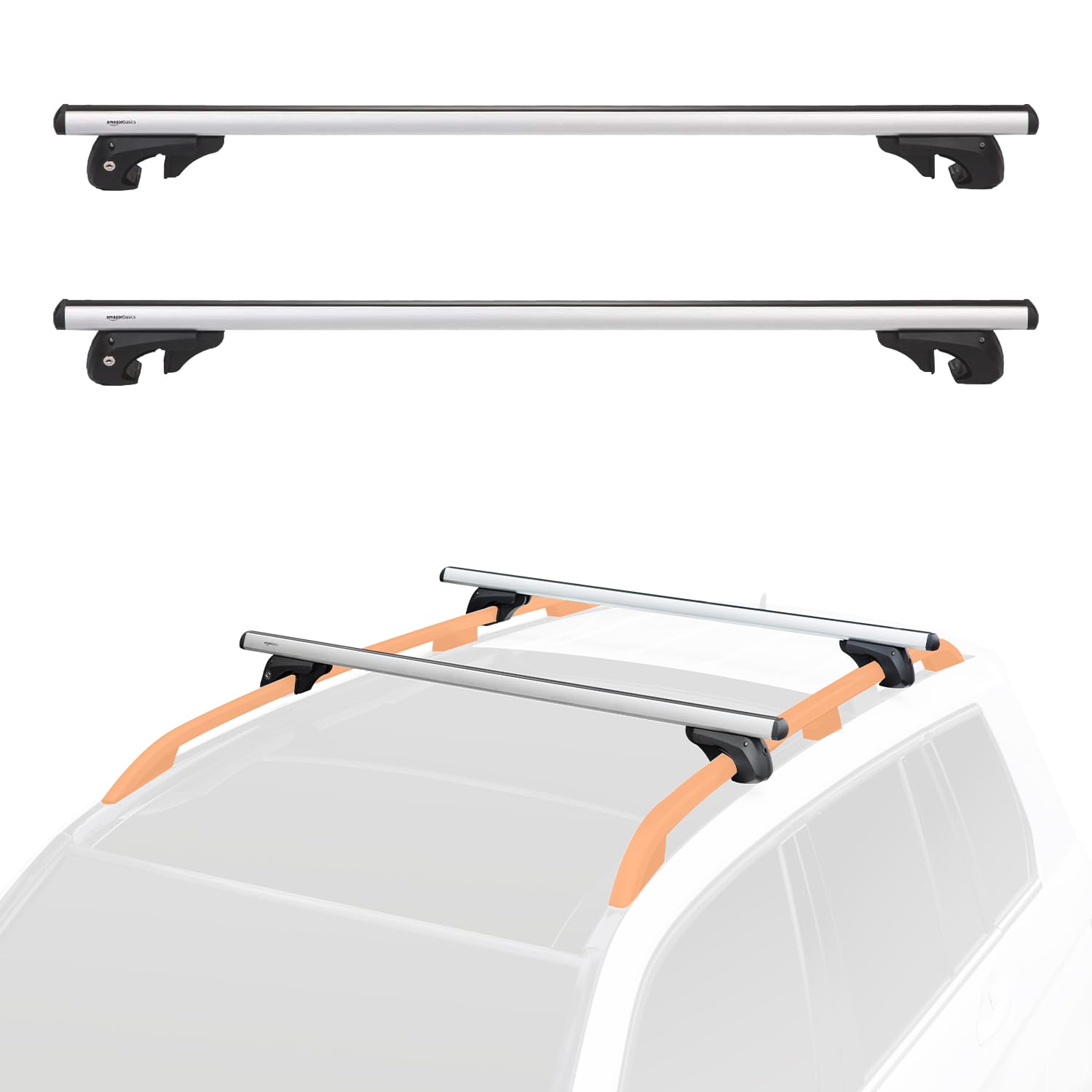 Amazon Basics Cross Rail Roof Rack, 52 Inches, Fits Up To 46'' Spans Between Raised Side Rails With Gap, Pack Of 2, Black/Silver