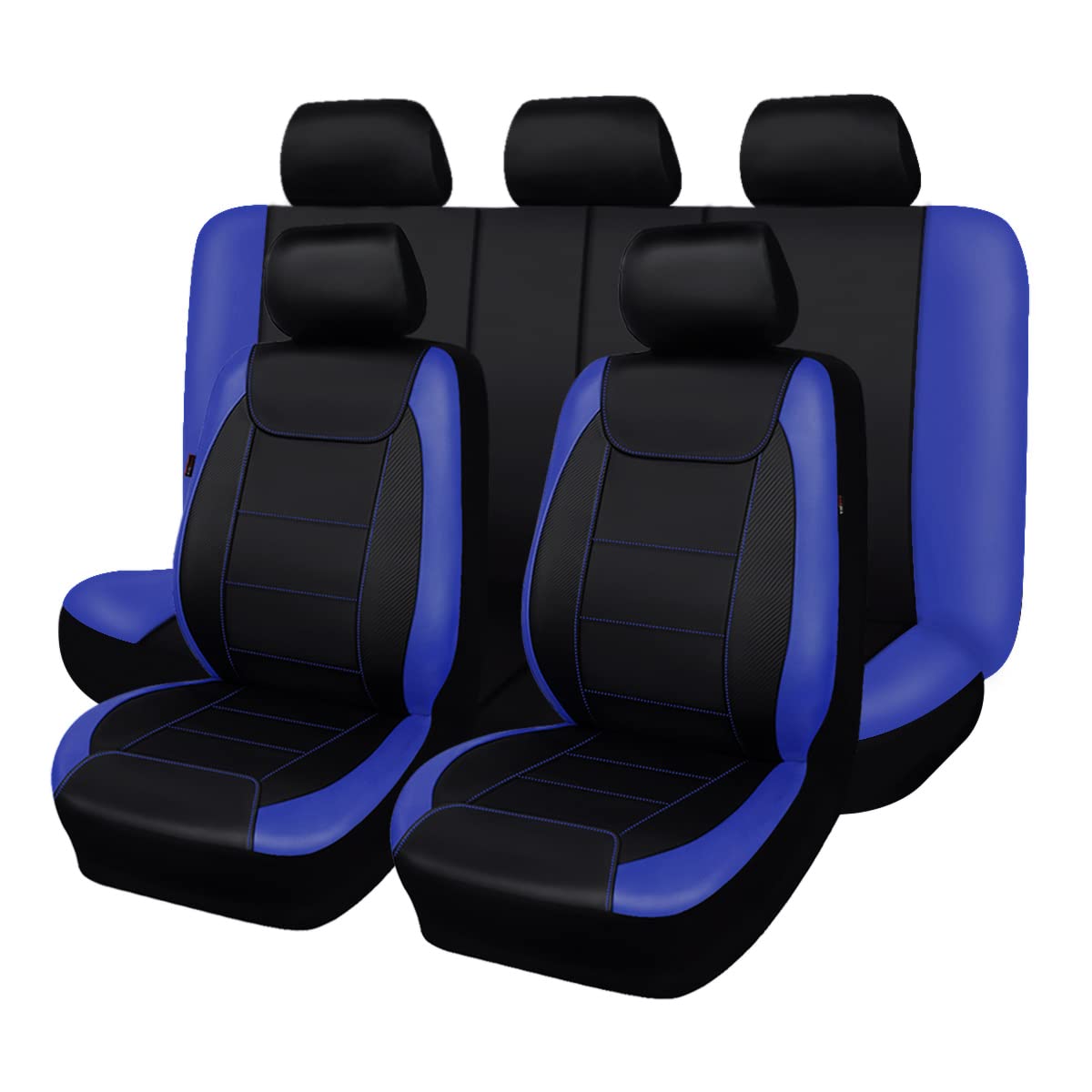 Flying Banner Car Seat Covers Protects Water Proof Faux Leather Carbon Fiber Front And Rear Bench (Blue Black, Full Set - 9Pcs)