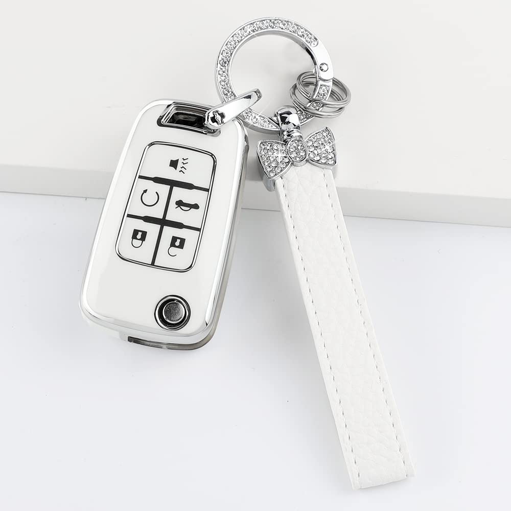 1797 For Chevy Chevrolet Key Fob Cover Malibu Camaro Cruze Equinox Impala Accessories Bling Car Remote Key Chain Case Shell Protector 5 Button Girly Cute White Silver Tpu