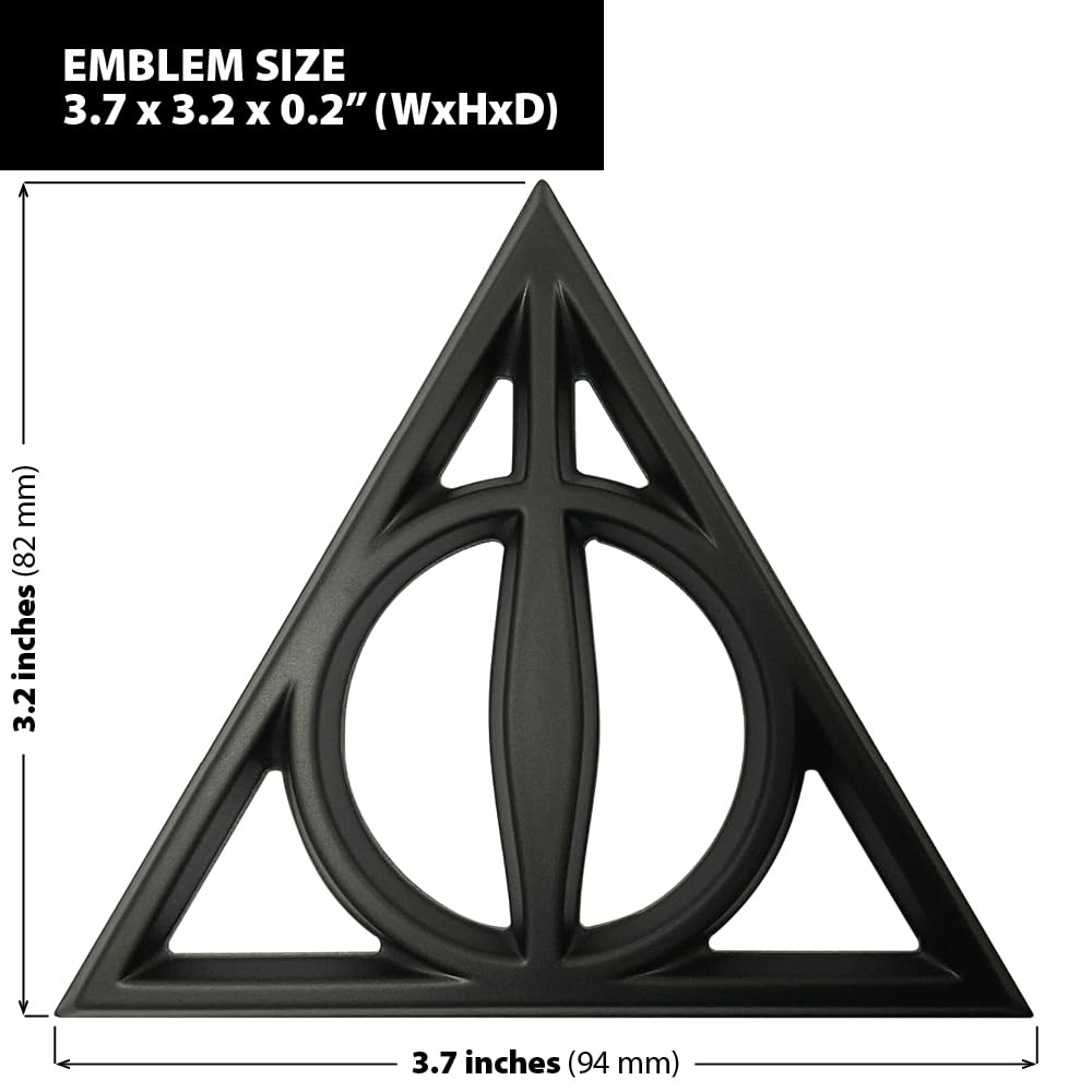 Fan Emblems Deathly Hallows Car Emblem - Harry Potter Symbol 3D Auto Badge - Color: Matte Black - Size: 3.7 X 3.2 X 0.2 Inches -