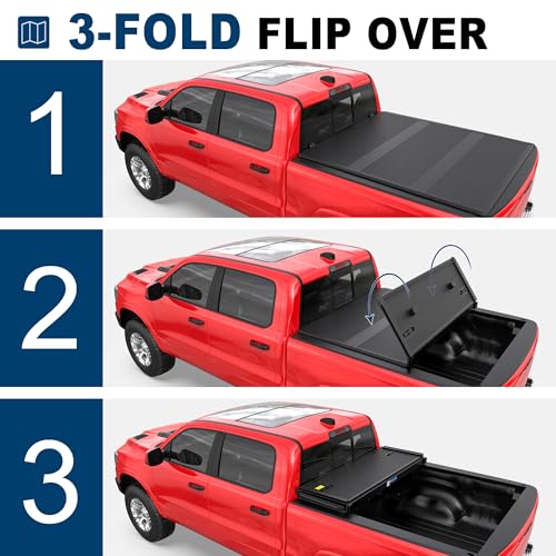 Mostplus Fiberglass Tri-Fold Hard Truck Bed Tonneau Cover Compatible With 2009-2024 Dodge Ram 1500 Inclu. Classic & New Body (W/