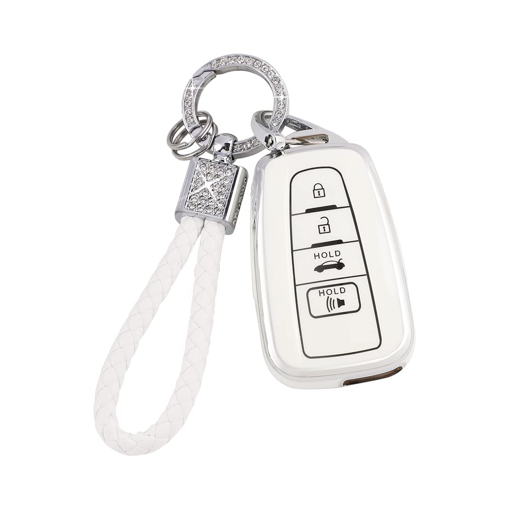 Pifoog Key Fob Cover For Toyota Camry Rav4 Corolla C-Hr Avalon Highlander Prius Smart Keys Case Shell Protector Bling Keychain Accessories 4 Button Tpu Girly Women White Silver
