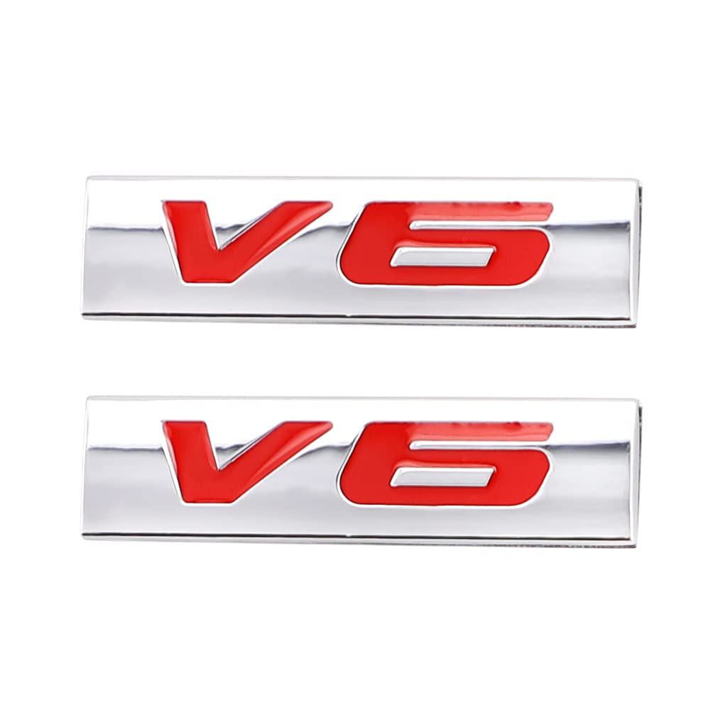 Carrun, 2 Pcs V6 Emblem 3D Metal Nameplate Badge Decal Car Side Rear Front Trunk Bumper Badge Sticker For Universal (Silver Red)