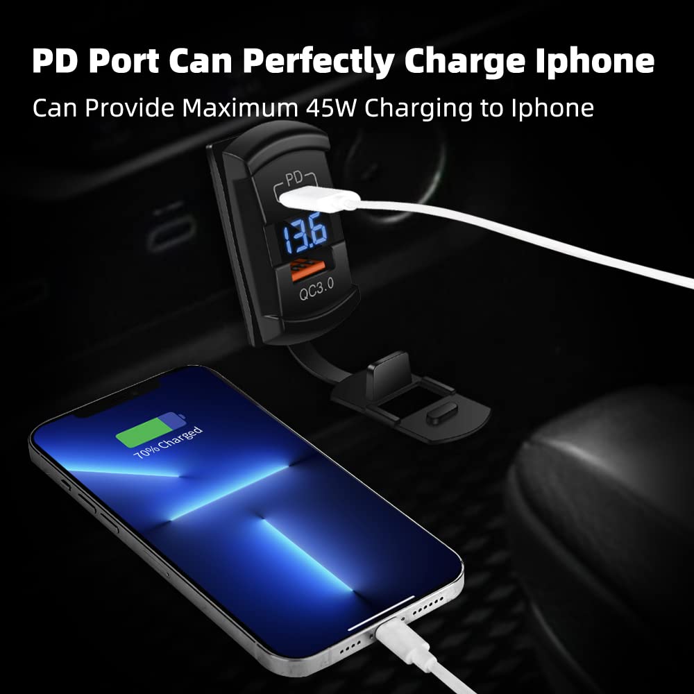 Cnaodun Usb Rocker Switch Usb C Charger Socket With Waterproof Cover Dual Pd And Qc3.0 12V/24V Blue Led Voltmeter For Rocker Typ